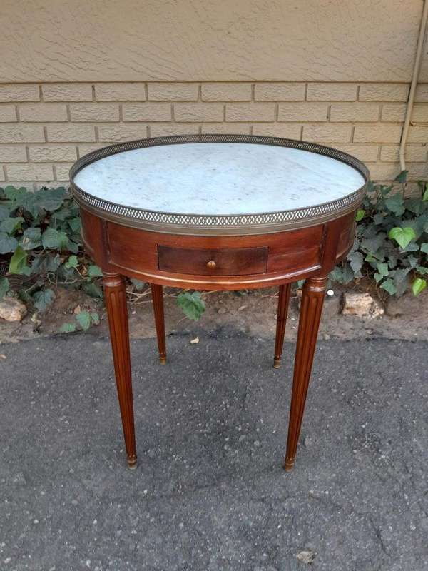 A 19th Century  French Walnut Drum Side Table With Marble Top And Gilt Gallery With Drawers And T...