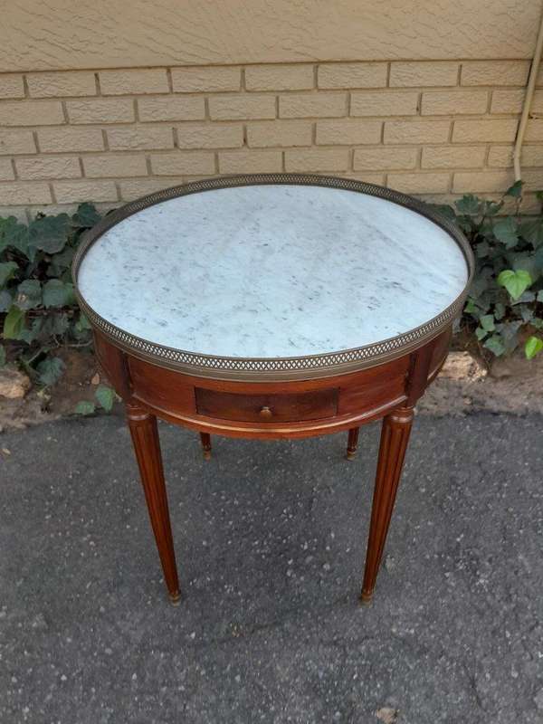 A 19th Century  French Walnut Drum Side Table With Marble Top And Gilt Gallery With Drawers And T...