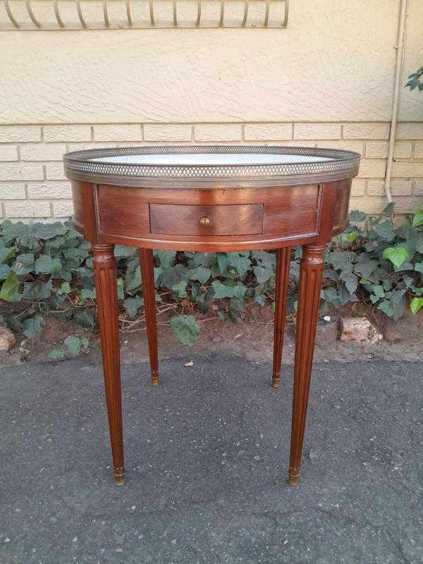 A 19th Century  French Walnut Drum Side Table With Marble Top And Gilt Gallery With Drawers And T...