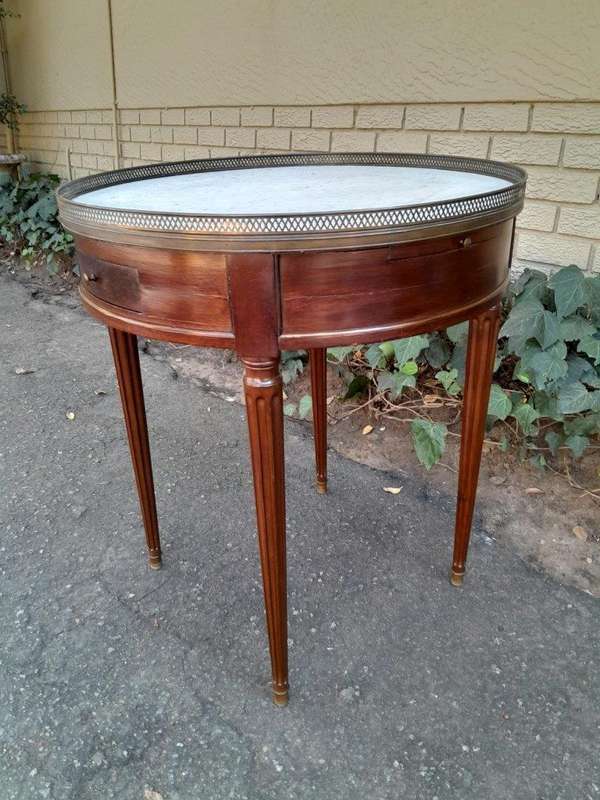 A 19th Century  French Walnut Drum Side Table With Marble Top And Gilt Gallery With Drawers And T...