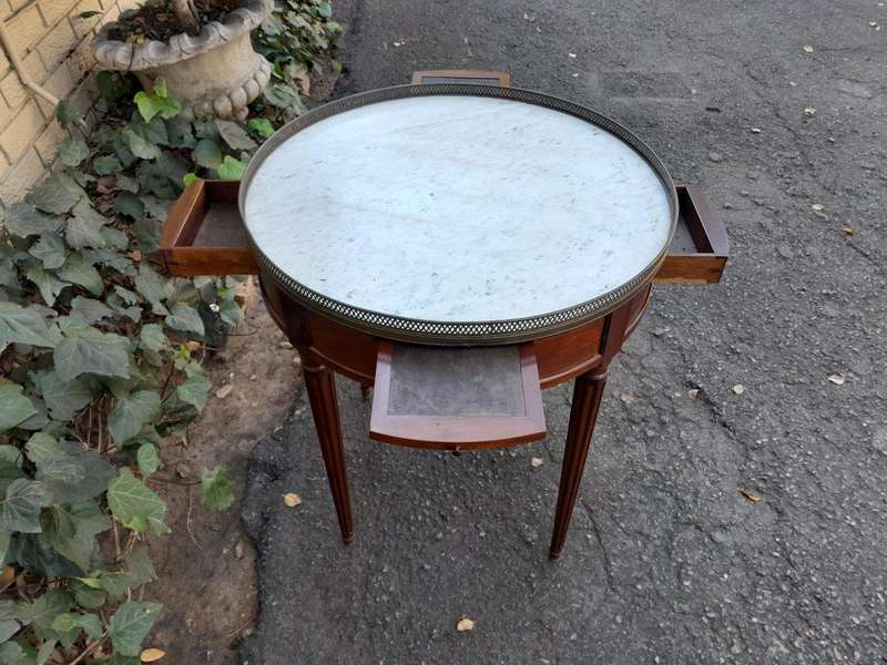 A 19th Century  French Walnut Drum Side Table With Marble Top And Gilt Gallery With Drawers And T...