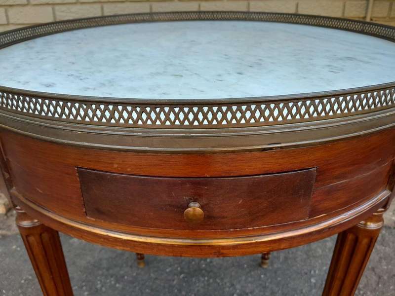 A 19th Century  French Walnut Drum Side Table With Marble Top And Gilt Gallery With Drawers And T...