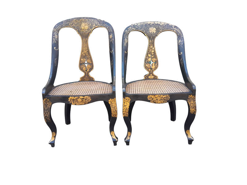 A Late 19th Century Pair of Chinoiserie Ebonised Mahogany Chairs with Rattan Seats
