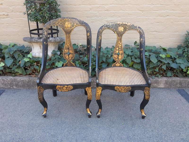 A Late 19th Century Pair of Chinoiserie Ebonised Mahogany Chairs with Rattan Seats