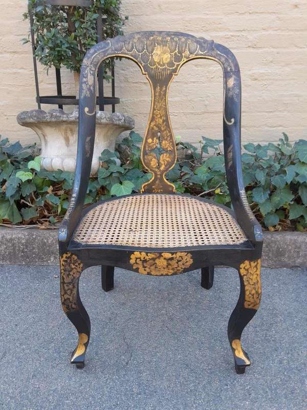 A Late 19th Century Pair of Chinoiserie Ebonised Mahogany Chairs with Rattan Seats