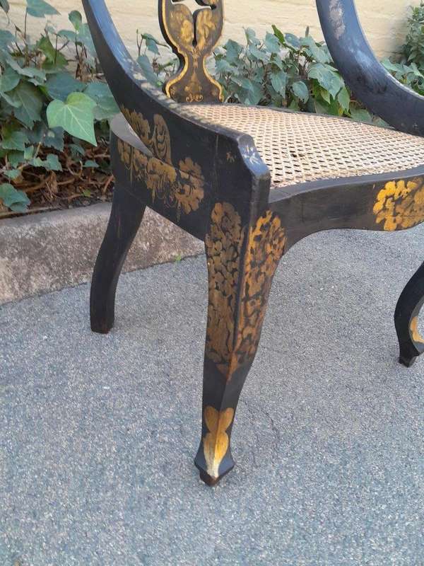 A Late 19th Century Pair of Chinoiserie Ebonised Mahogany Chairs with Rattan Seats