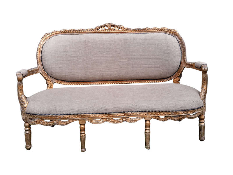 A 19TH Century Circa 1880 French Carved  Giltwood  Settee Upholstered In A Contemporary Hessian...