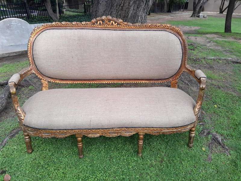 A 19TH Century Circa 1880 French Carved  Giltwood  Settee Upholstered In A Contemporary Hessian...