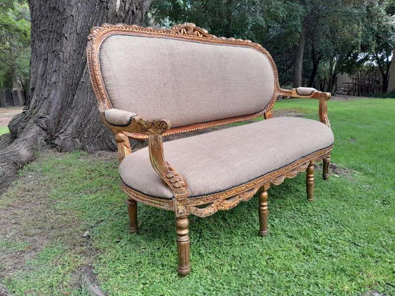 A 19TH Century Circa 1880 French Carved  Giltwood  Settee Upholstered In A Contemporary Hessian...