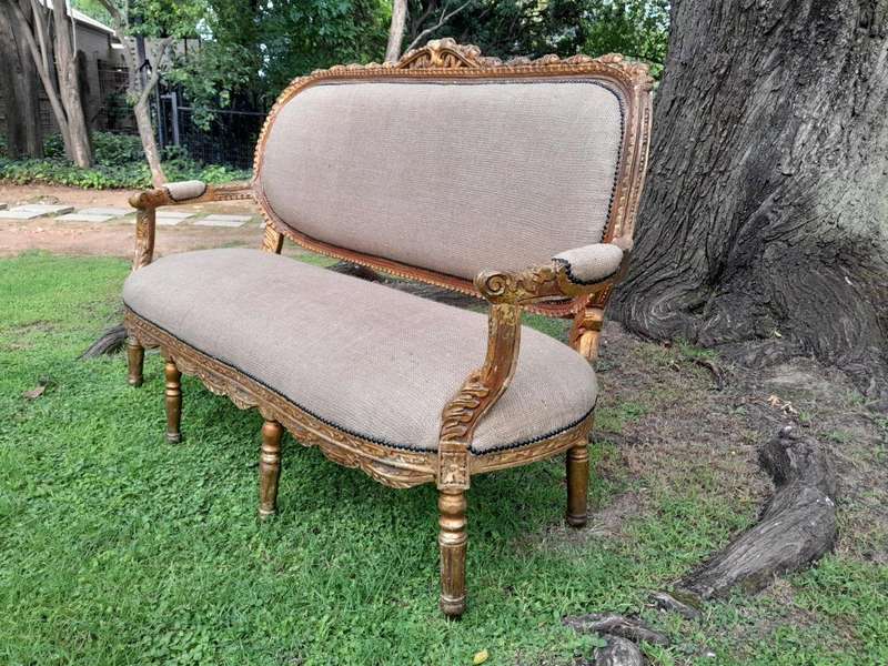 A 19TH Century Circa 1880 French Carved  Giltwood  Settee Upholstered In A Contemporary Hessian...
