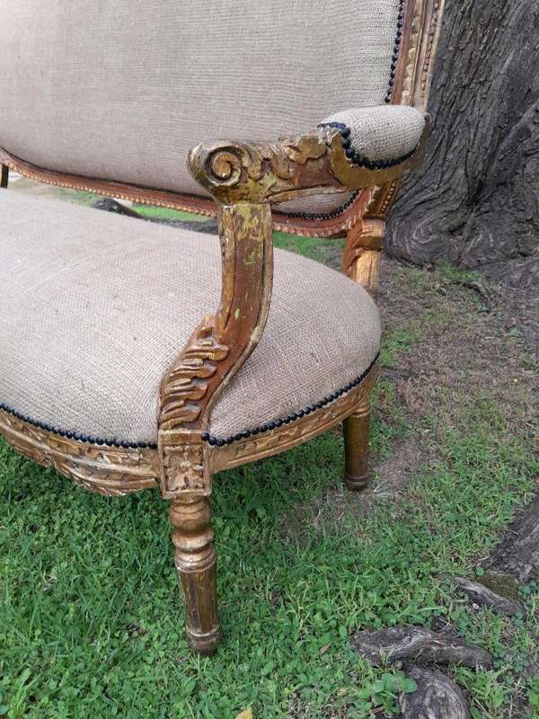 A 19TH Century Circa 1880 French Carved  Giltwood  Settee Upholstered In A Contemporary Hessian...