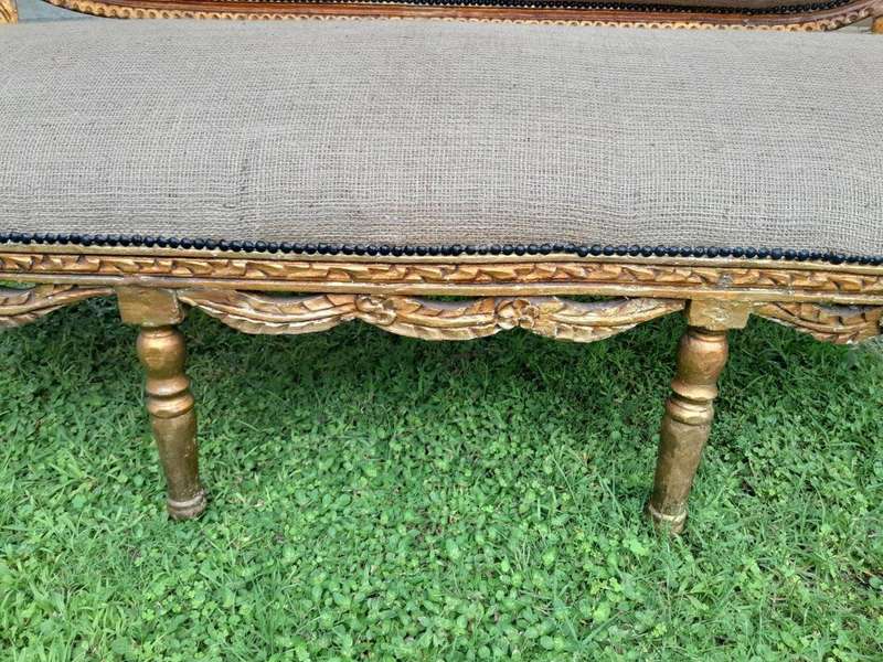 A 19TH Century Circa 1880 French Carved  Giltwood  Settee Upholstered In A Contemporary Hessian...