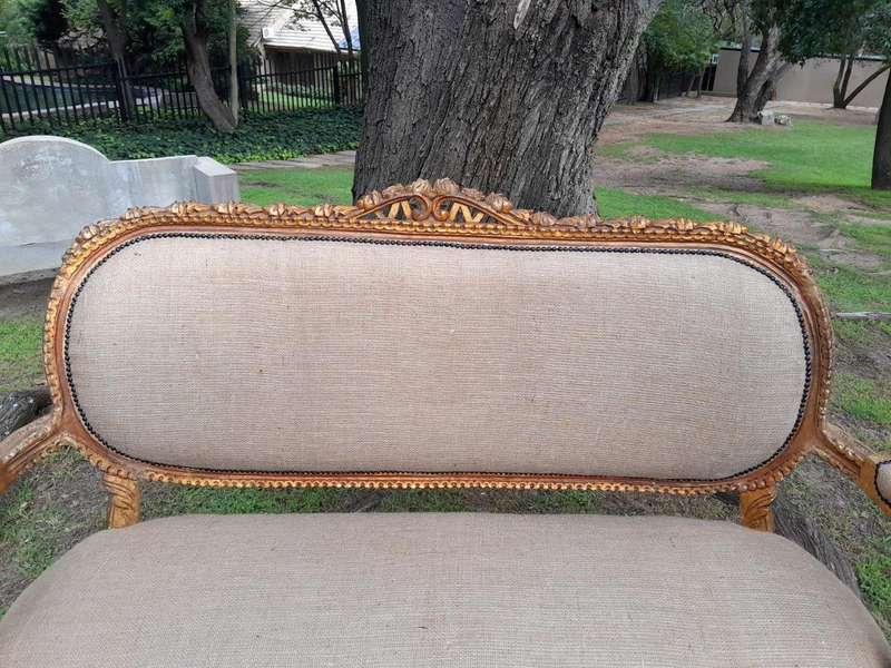 A 19TH Century Circa 1880 French Carved  Giltwood  Settee Upholstered In A Contemporary Hessian...