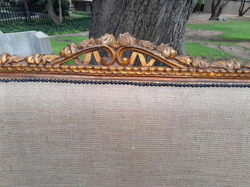 A 19TH Century Circa 1880 French Carved  Giltwood  Settee Upholstered In A Contemporary Hessian...