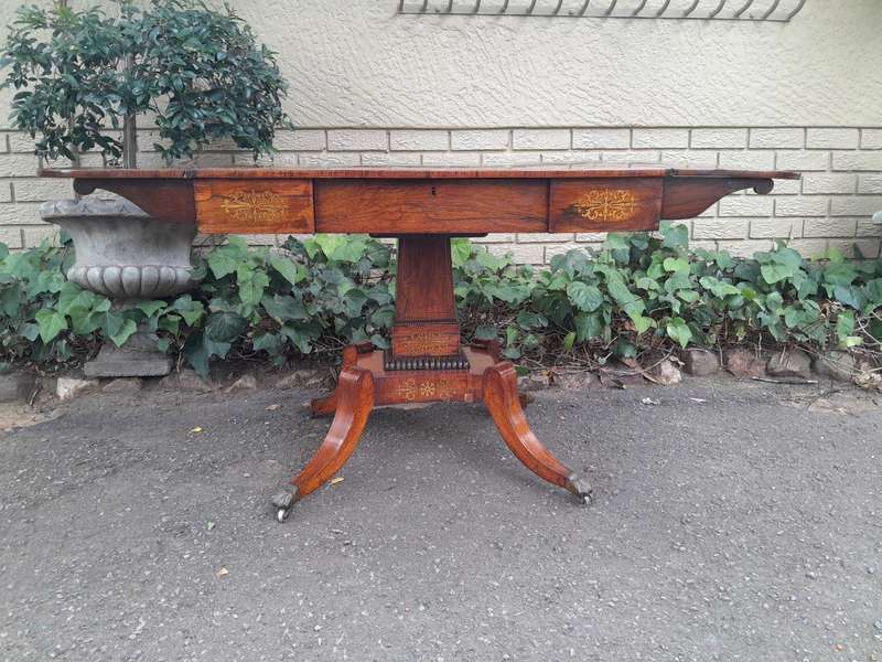 A 19th Century Victorian Brass Plated Rosewood Sofa Drop Side Table With Brass Inlay and on Brass...