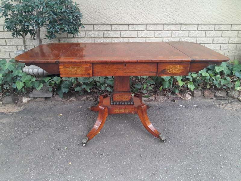 A 19th Century Victorian Brass Plated Rosewood Sofa Drop Side Table With Brass Inlay and on Brass...