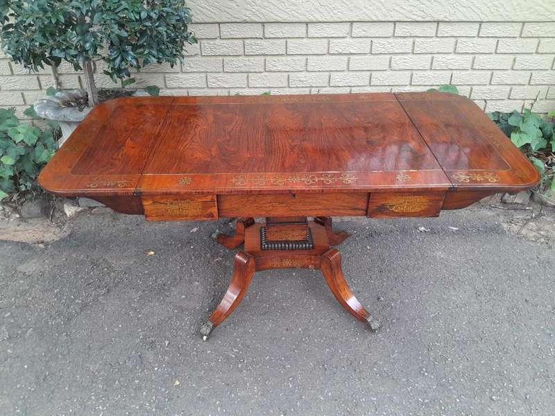 A 19th Century Victorian Brass Plated Rosewood Sofa Drop Side Table With Brass Inlay and on Brass...