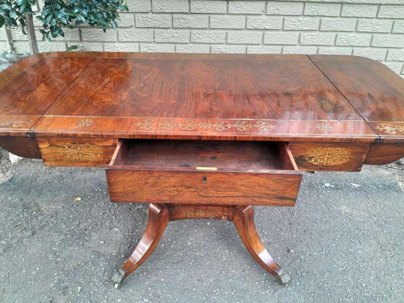 A 19th Century Victorian Brass Plated Rosewood Sofa Drop Side Table With Brass Inlay and on Brass...