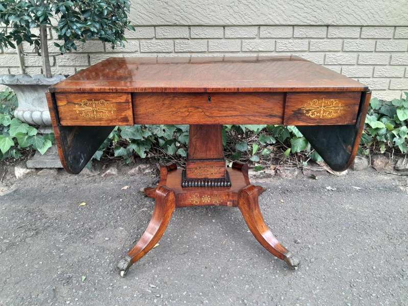 A 19th Century Victorian Brass Plated Rosewood Sofa Drop Side Table With Brass Inlay and on Brass...
