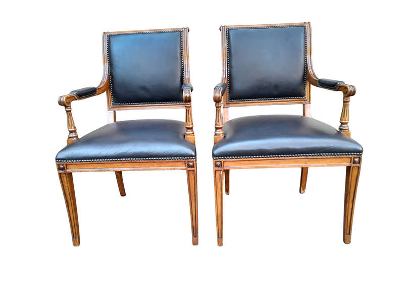 Pair Of A 20th Century French  Style Walnut Armchairs Upholstered In Leather