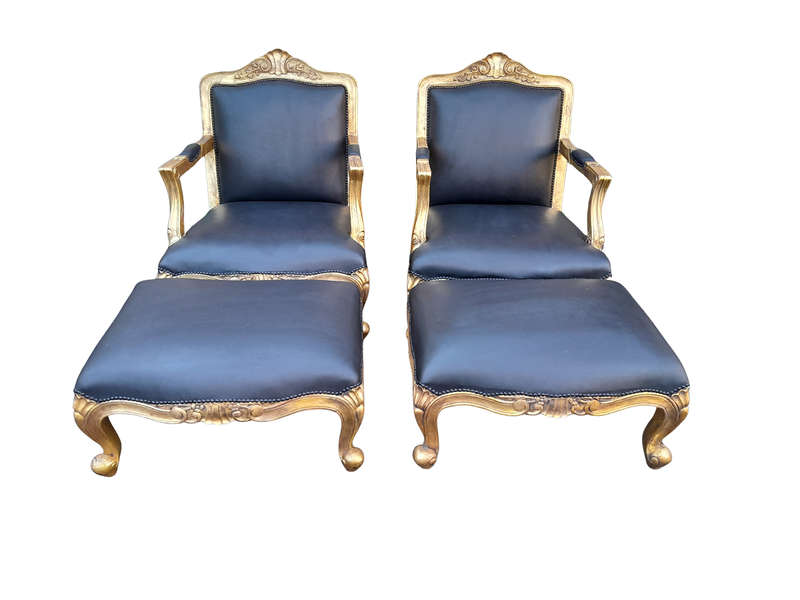 A 20th Century Near Pair  Of Victorian Style Hand-Gilded Mahogany Armchairs And Ottomans Upholst...