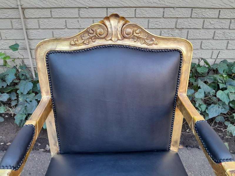 A 20th Century Near Pair  Of Victorian Style Hand-Gilded Mahogany Armchairs And Ottomans Upholst...
