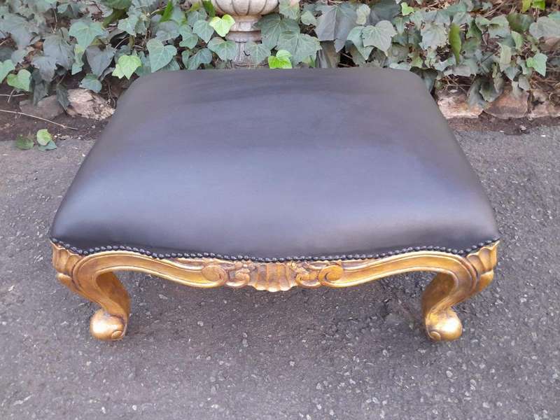 A 20th Century Near Pair  Of Victorian Style Hand-Gilded Mahogany Armchairs And Ottomans Upholst...