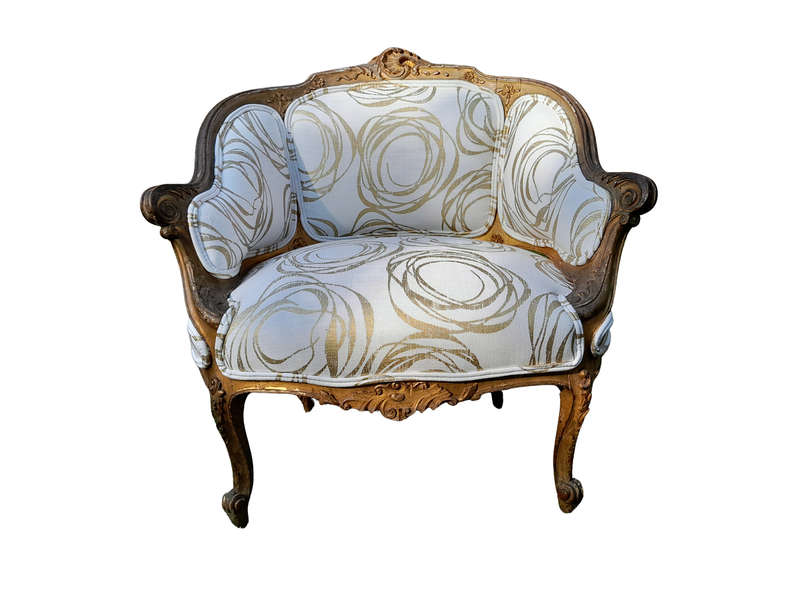A Late 19th Century French Carved and Gilt Wood Walnut Bergere Armchair  Upholstered in  a cust...