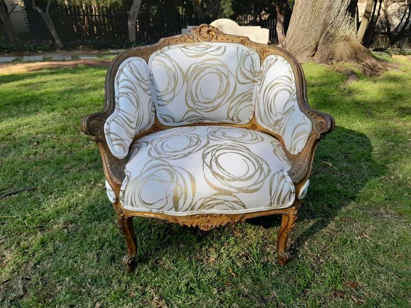 A Late 19th Century French Carved and Gilt Wood Walnut Bergere Armchair  Upholstered in  a cust...