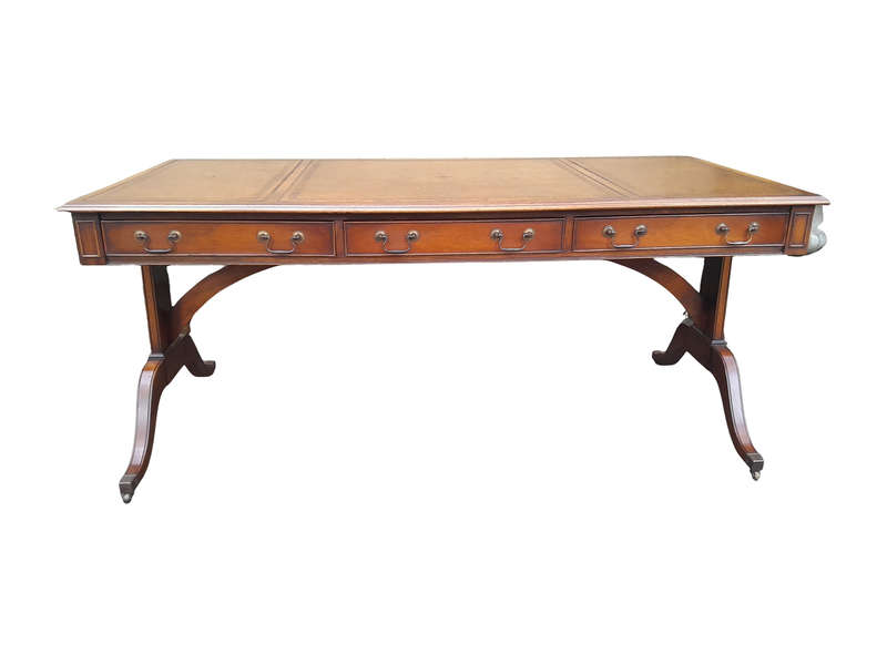 A 20th Century Victorian Style Mahogany Library Desk With  Original Gilt Tooled Leather Inserts O...