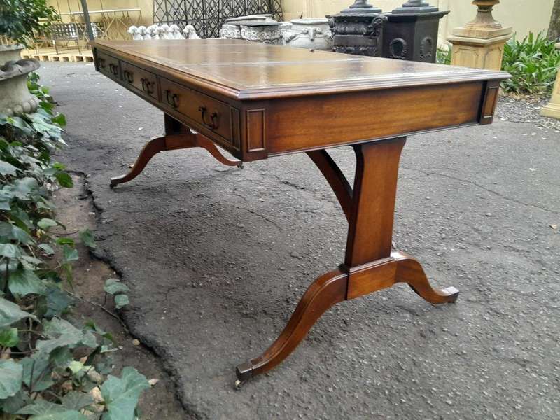A 20th Century Victorian Style Mahogany Library Desk With  Original Gilt Tooled Leather Inserts O...
