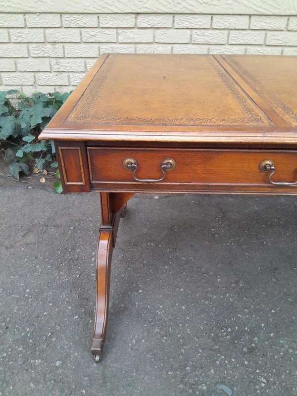 A 20th Century Victorian Style Mahogany Library Desk With  Original Gilt Tooled Leather Inserts O...