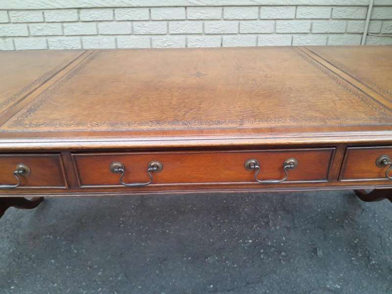 A 20th Century Victorian Style Mahogany Library Desk With  Original Gilt Tooled Leather Inserts O...