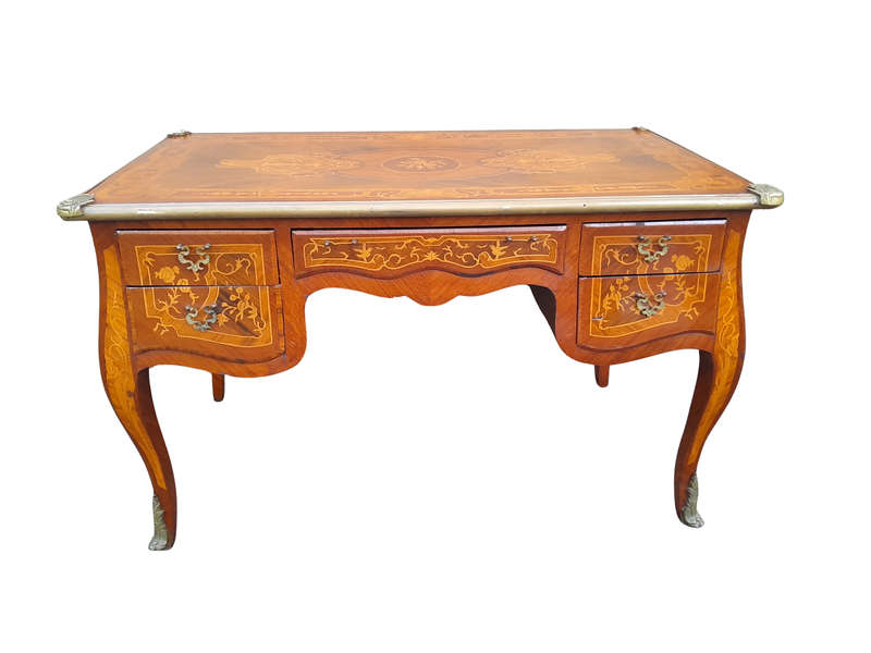 A 20th Century French Style Mahogany And Mahogany Marquetry Inlaid Desk With Brass Caps And Drawers