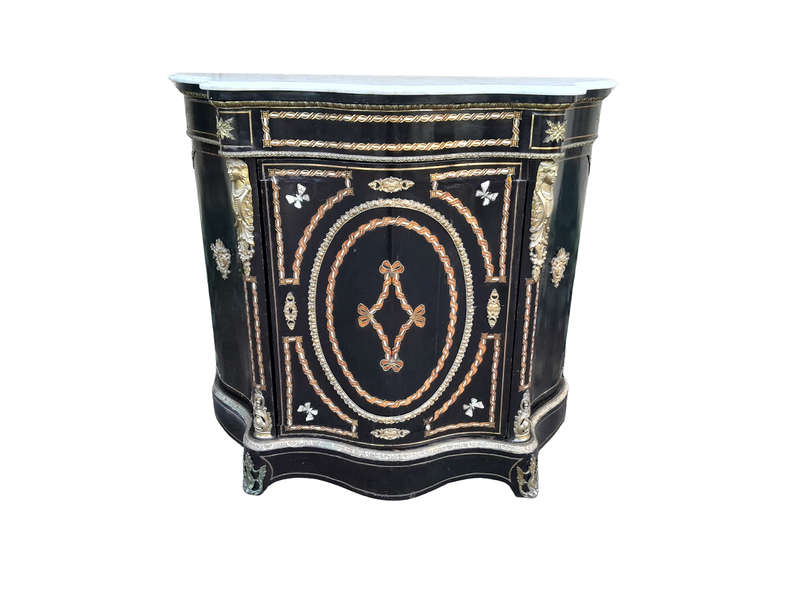 A 19th Century French Credenza With Marquetry Inlay. Mother Of Pearl And Ormolu And White Marble Top