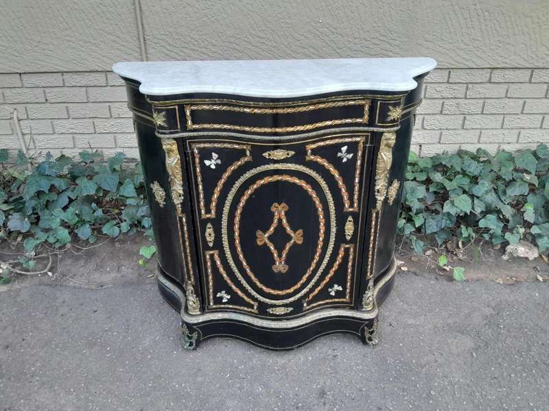 A 19th Century French Credenza With Marquetry Inlay. Mother Of Pearl And Ormolu And White Marble Top