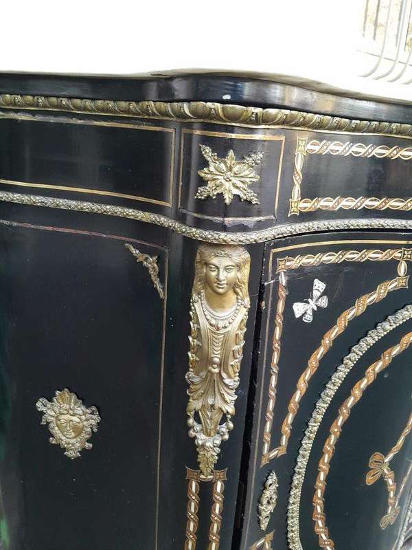 A 19th Century French Credenza With Marquetry Inlay. Mother Of Pearl And Ormolu And White Marble Top
