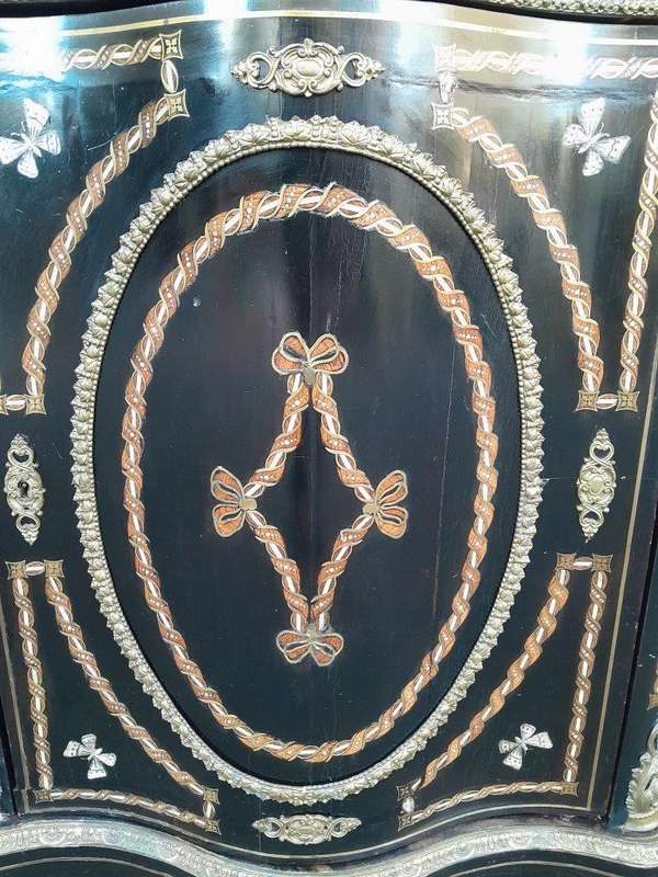 A 19th Century French Credenza With Marquetry Inlay. Mother Of Pearl And Ormolu And White Marble Top