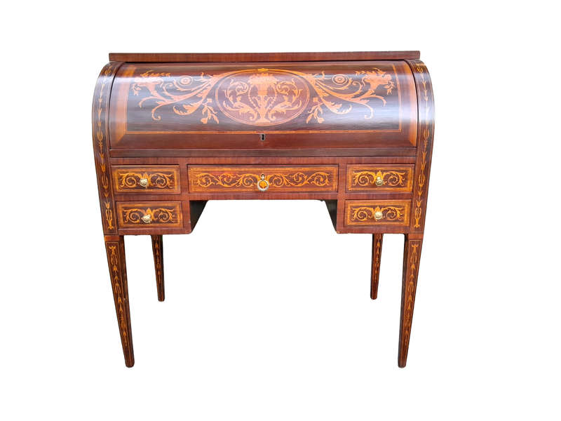 A 20th Century Rosewood And Inlaid Marquetry Cylinder Desk With Pull Out Writing Section