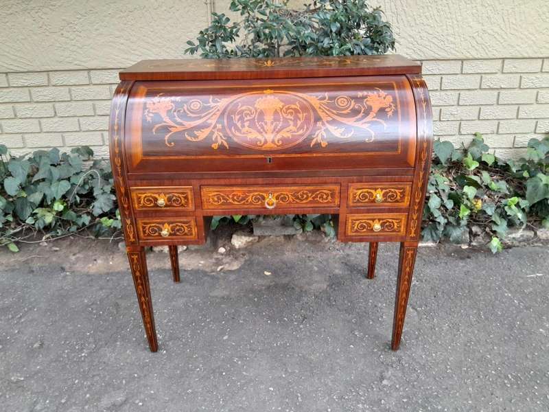 A 20th Century Rosewood And Inlaid Marquetry Cylinder Desk With Pull Out Writing Section