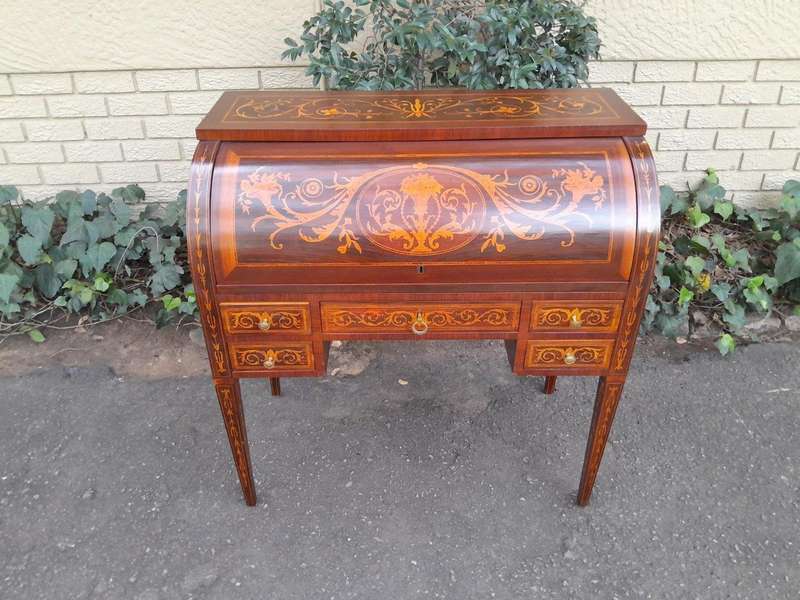A 20th Century Rosewood And Inlaid Marquetry Cylinder Desk With Pull Out Writing Section