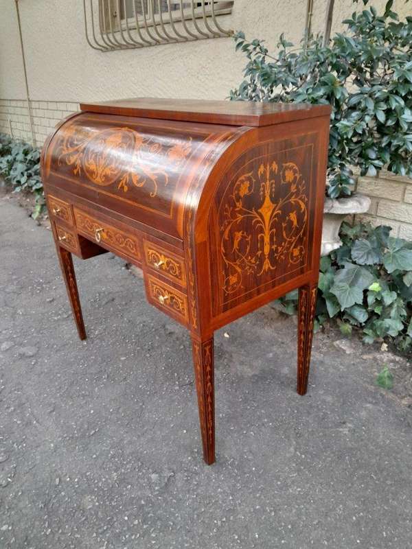 A 20th Century Rosewood And Inlaid Marquetry Cylinder Desk With Pull Out Writing Section