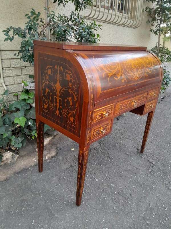 A 20th Century Rosewood And Inlaid Marquetry Cylinder Desk With Pull Out Writing Section