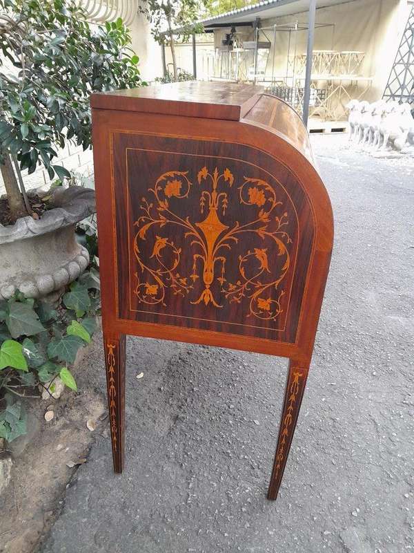 A 20th Century Rosewood And Inlaid Marquetry Cylinder Desk With Pull Out Writing Section