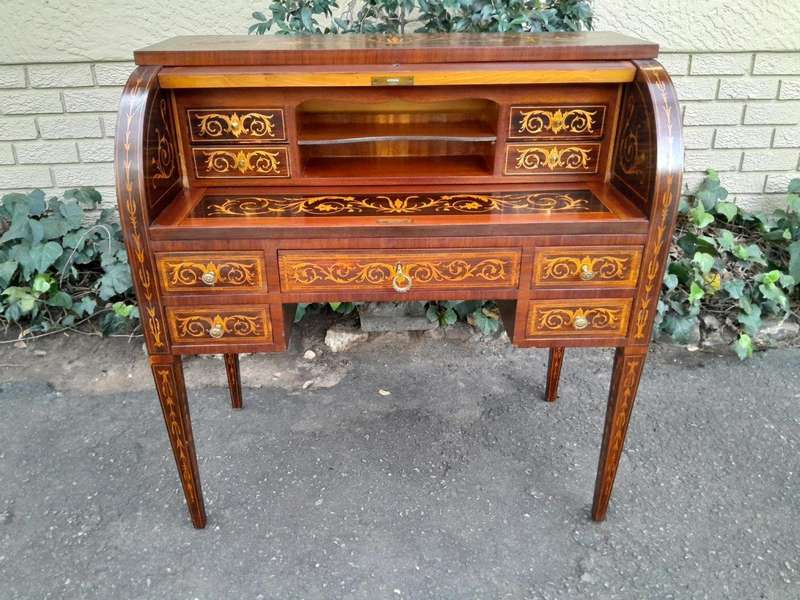 A 20th Century Rosewood And Inlaid Marquetry Cylinder Desk With Pull Out Writing Section