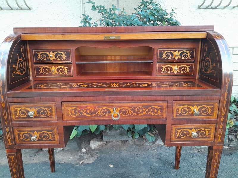 A 20th Century Rosewood And Inlaid Marquetry Cylinder Desk With Pull Out Writing Section
