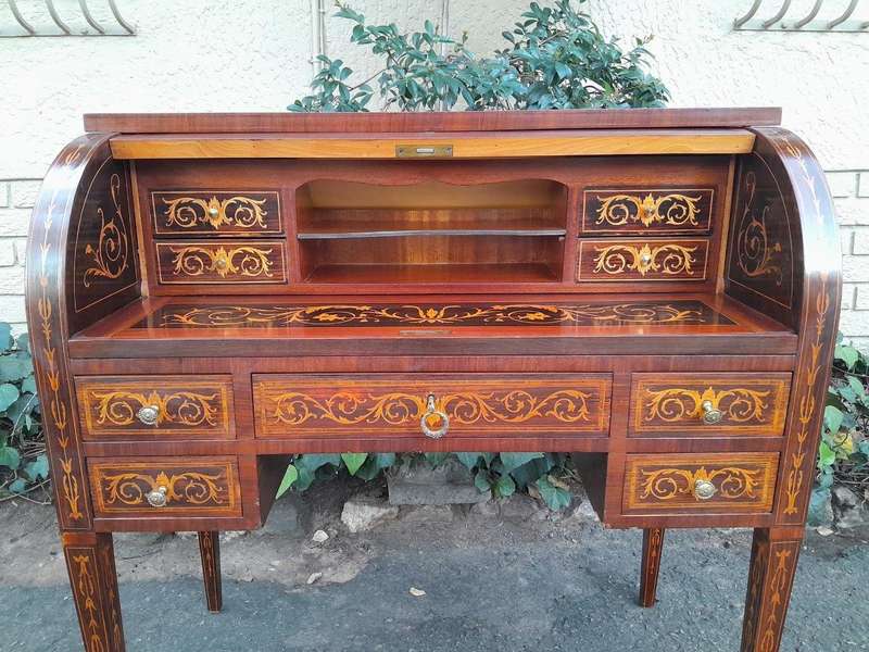 A 20th Century Rosewood And Inlaid Marquetry Cylinder Desk With Pull Out Writing Section
