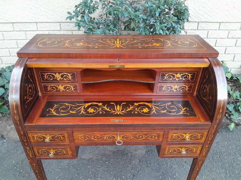 A 20th Century Rosewood And Inlaid Marquetry Cylinder Desk With Pull Out Writing Section