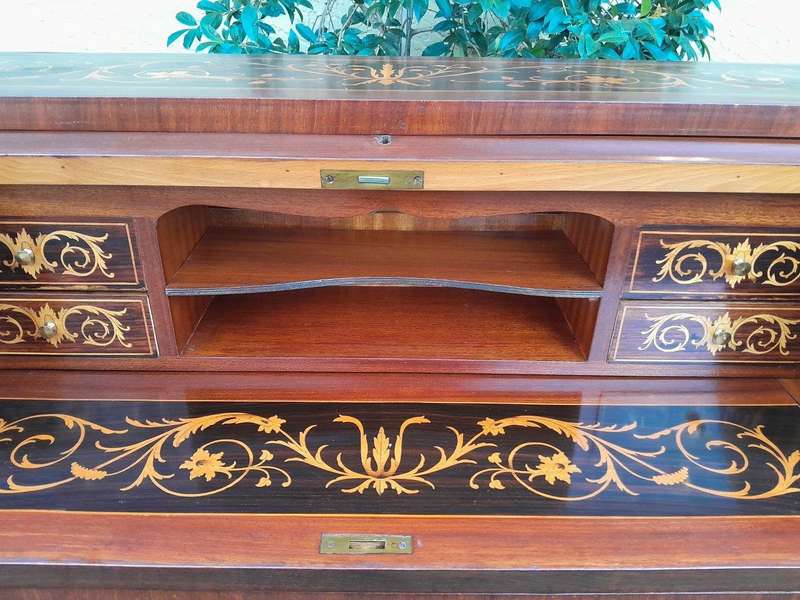 A 20th Century Rosewood And Inlaid Marquetry Cylinder Desk With Pull Out Writing Section