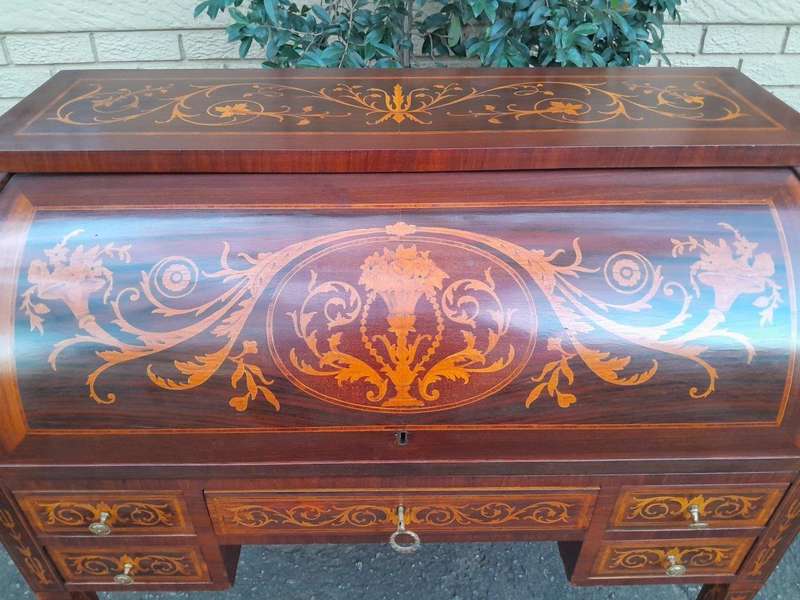 A 20th Century Rosewood And Inlaid Marquetry Cylinder Desk With Pull Out Writing Section